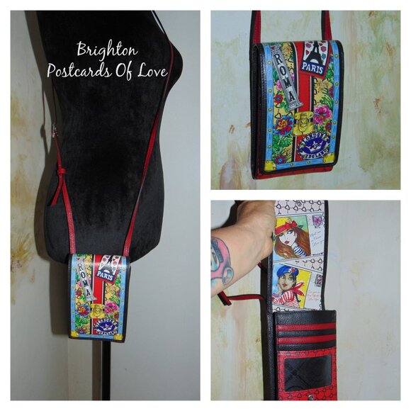 Brighton Postcard Love Amor Black Red Leather Flap Crossbody Messenger Purse - Picture 1 of 10